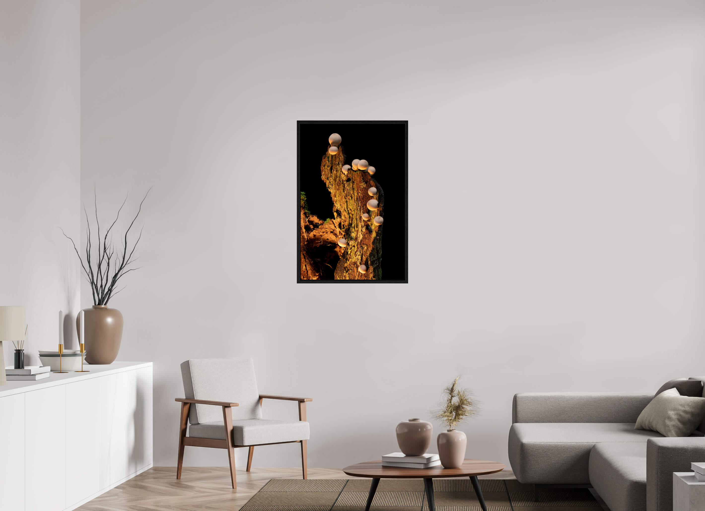 24 x 36″, Floater Frame Stepping Mushrooms