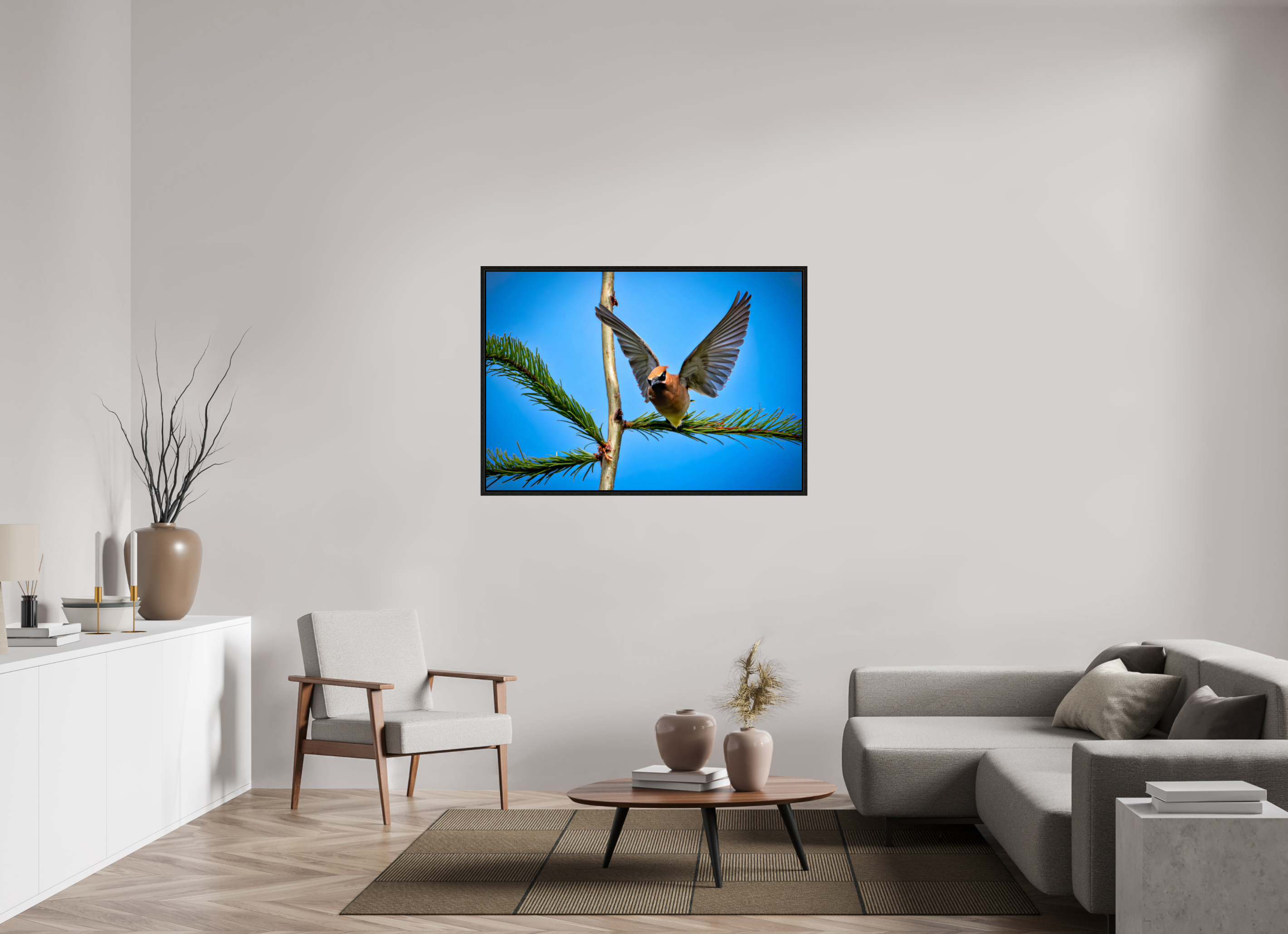 50.6 x 35″, Floater Frame Wing of the Waxwing