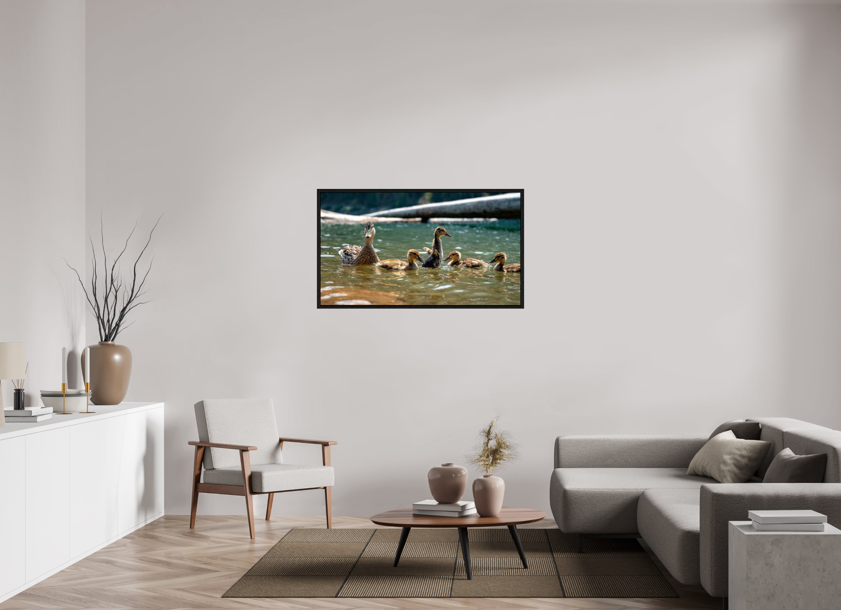 49 x 27.6″, Floater Frame Ducklings These Days.