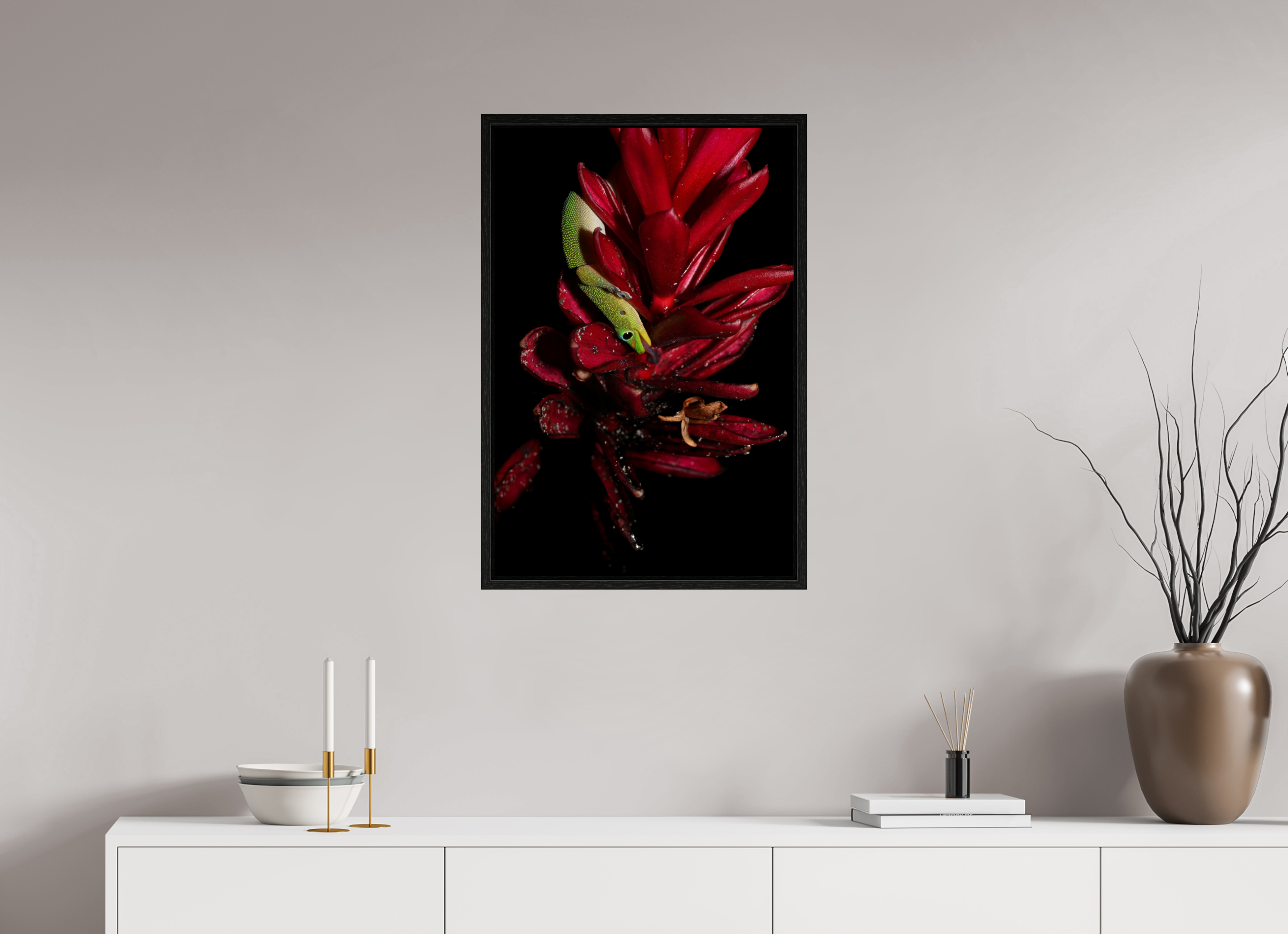 20 x 30″, Floater Frame Gecko on Flower