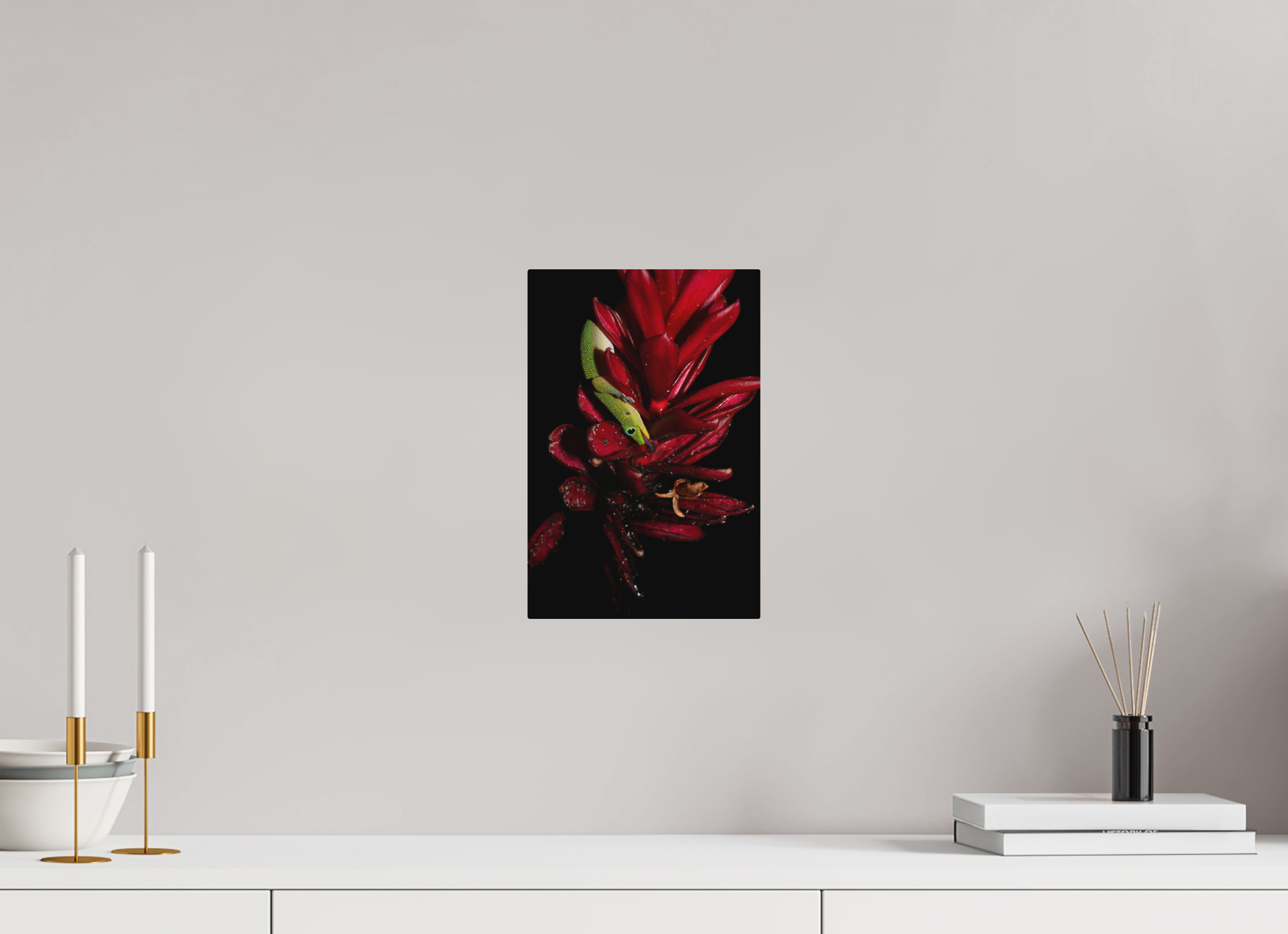 8 x 12″, Direct Print on Aluminum with mounting hardware included. Gecko on Flower