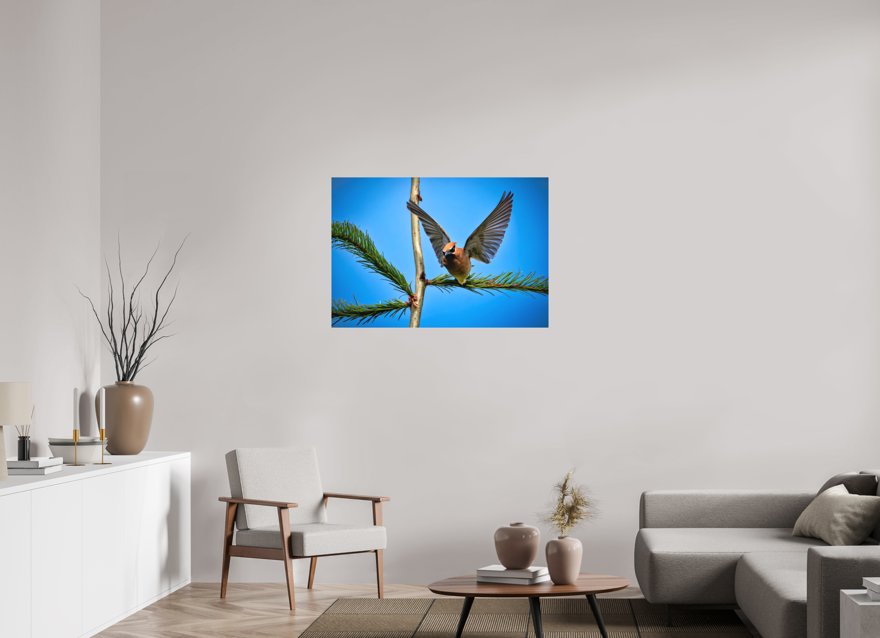 40.4 x 28″, Direct Print on Aluminum with mounting hardware included. Wing of the Waxwing