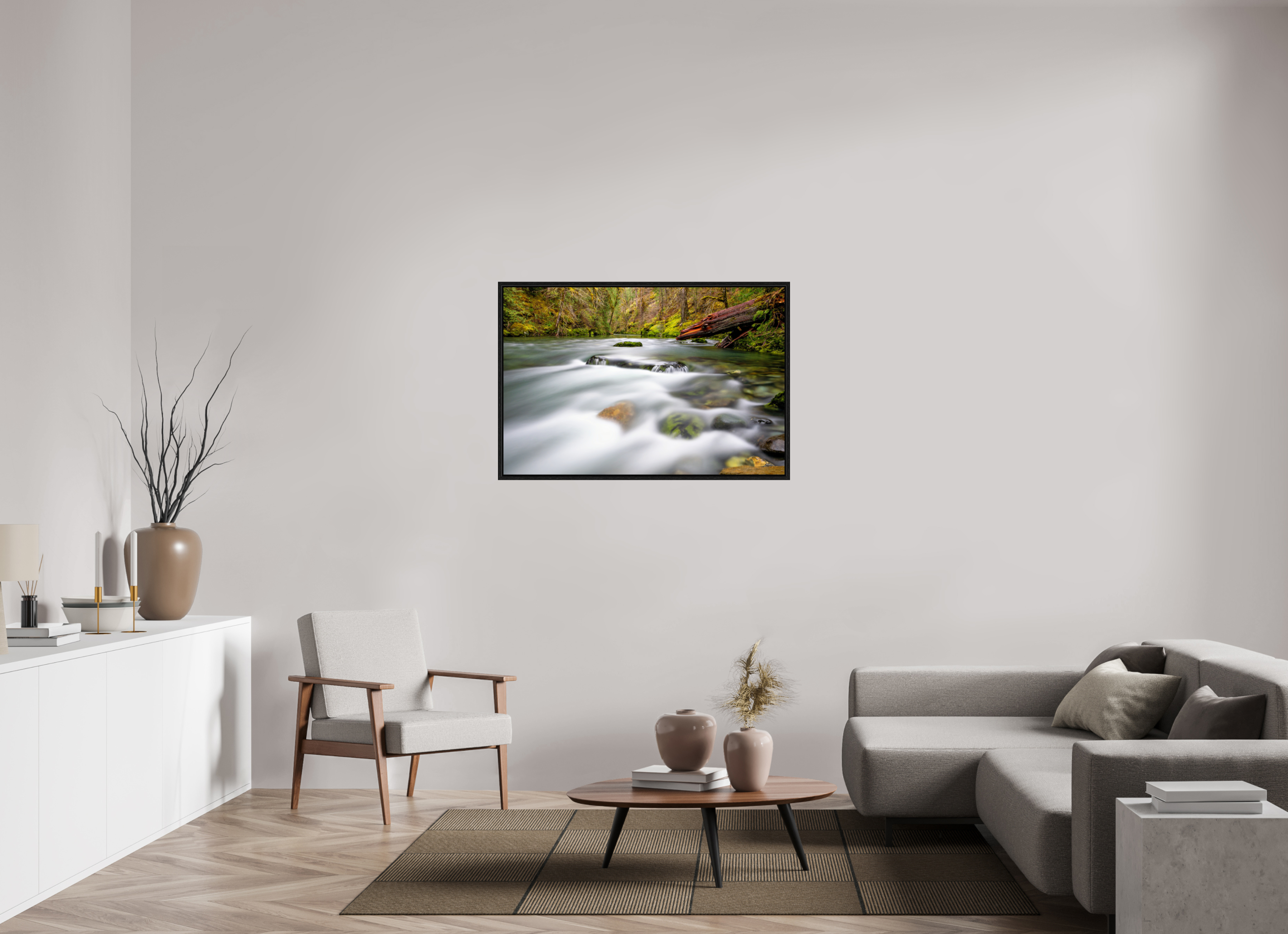 45 x 30″, Floater Frame River Rocks