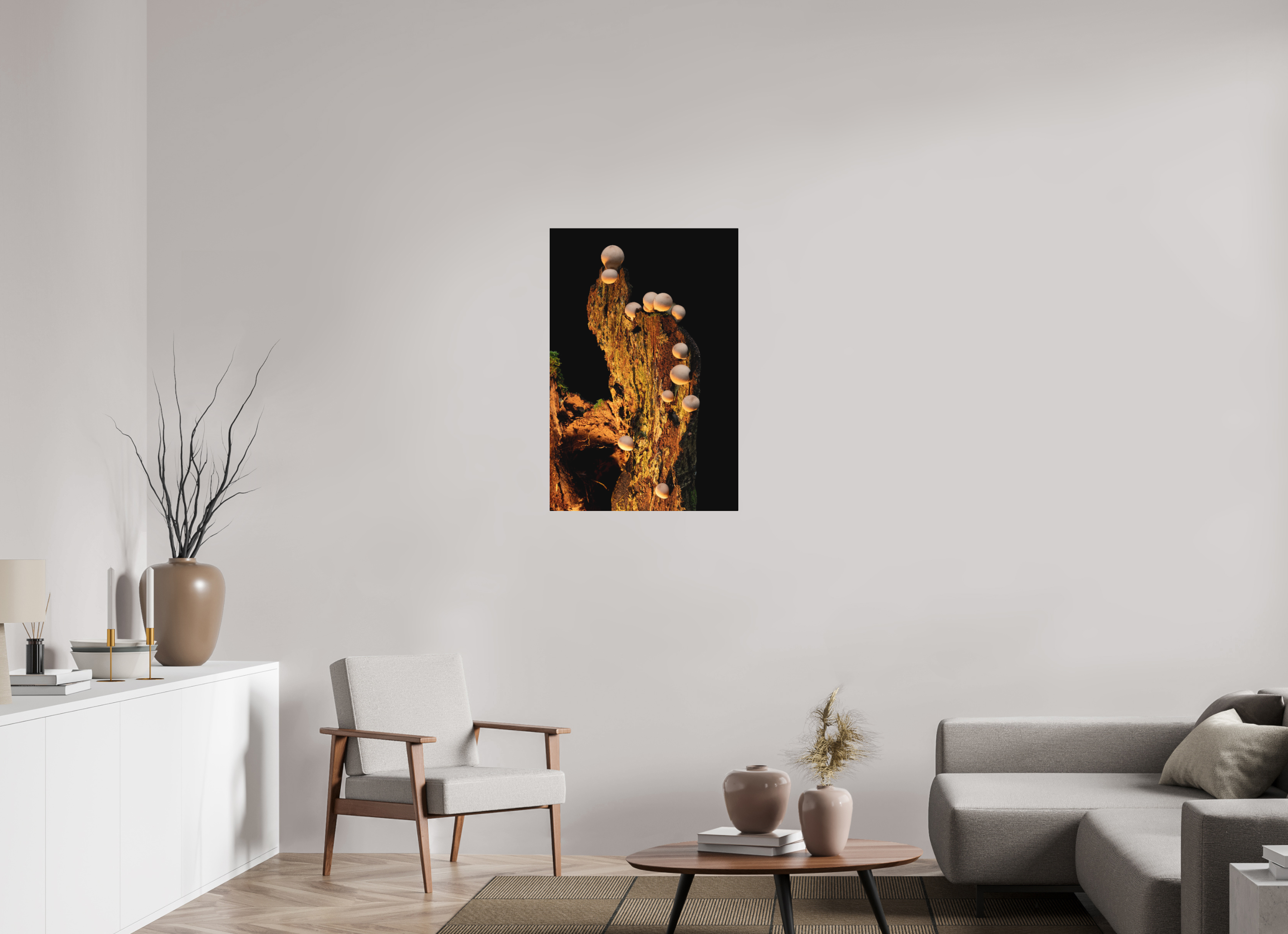 24 x 36″, Direct Print on Aluminum with mounting hardware included. Stepping Mushrooms