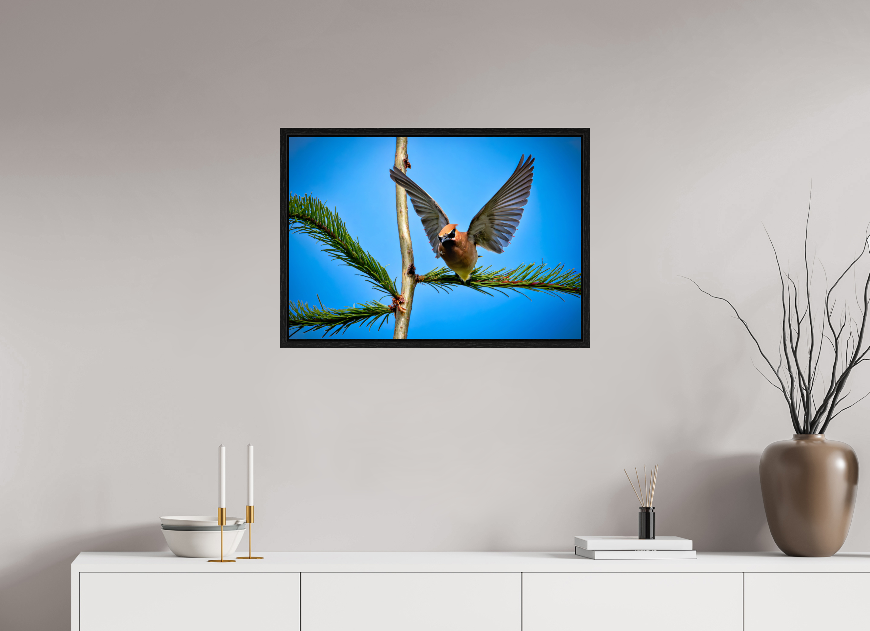 28.9 x 20″, Floater Frame Wing of the Waxwing