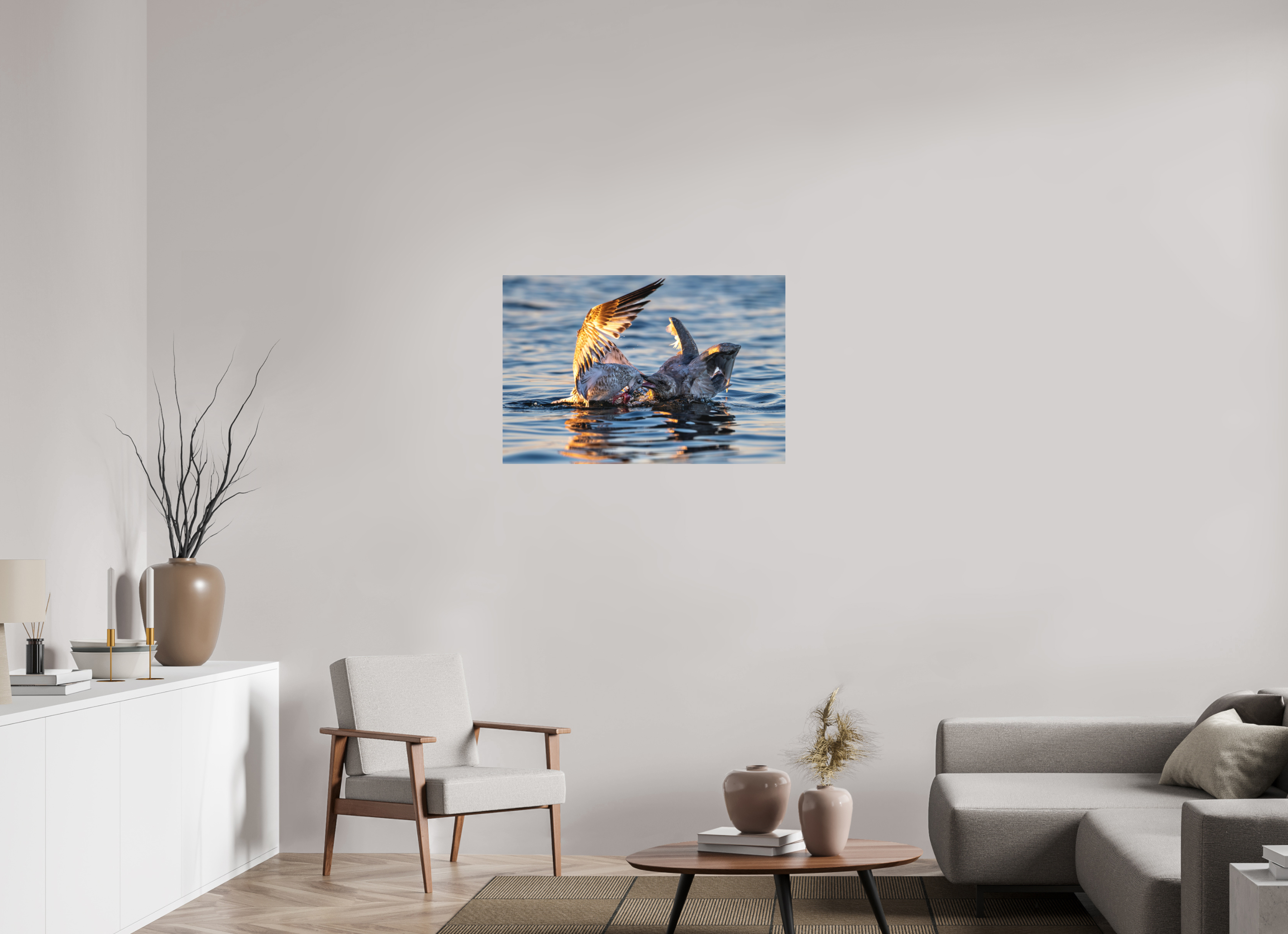 36 x 24″, Direct Print on Aluminum with mounting hardware included. Seabird Battle