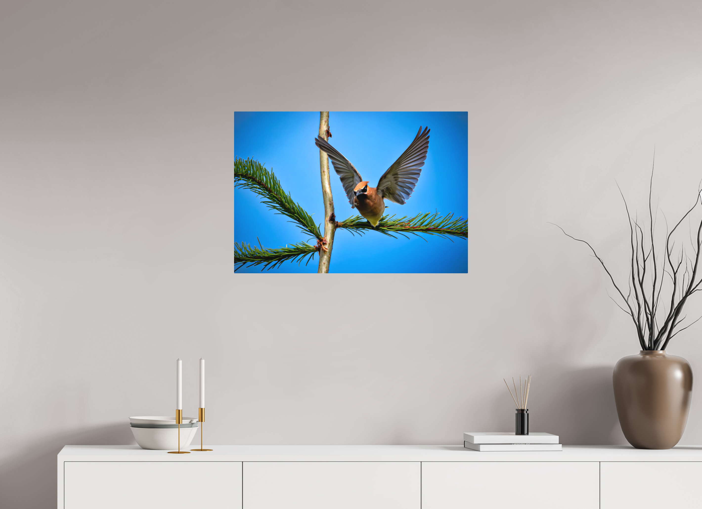 28.9 x 20″, Direct Print on Aluminum with mounting hardware included. Wing of the Waxwing