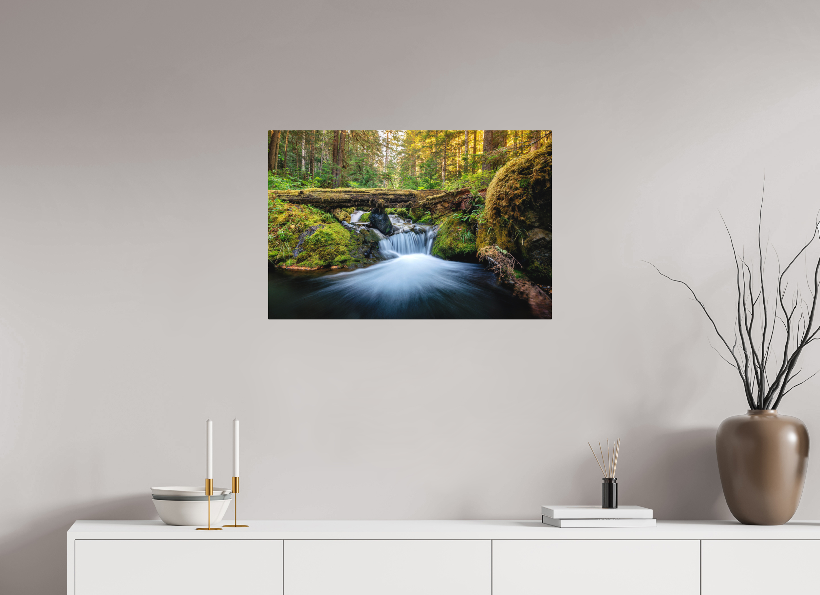 30 x 20″, Direct Print on Aluminum with mounting hardware included. Falls on the Quilcene River