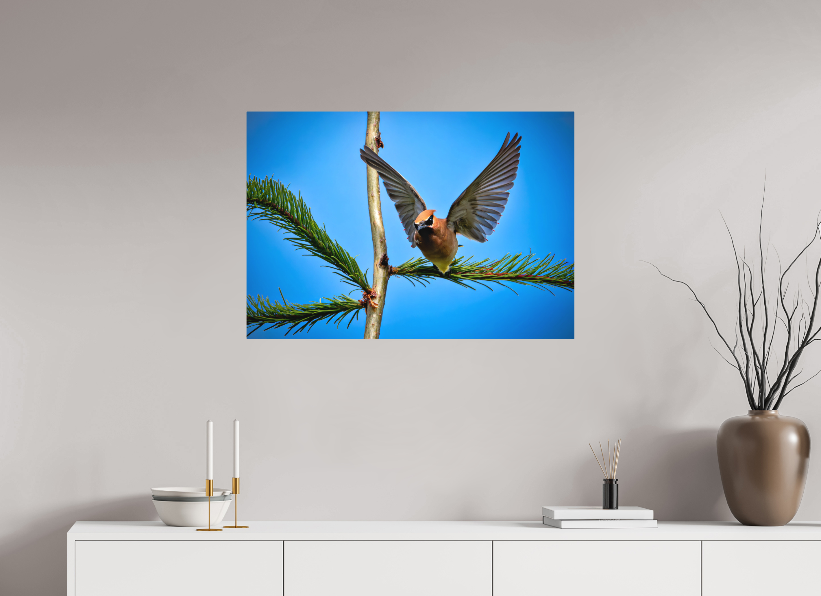 34.6 x 24″, Direct Print on Aluminum with mounting hardware included. Wing of the Waxwing
