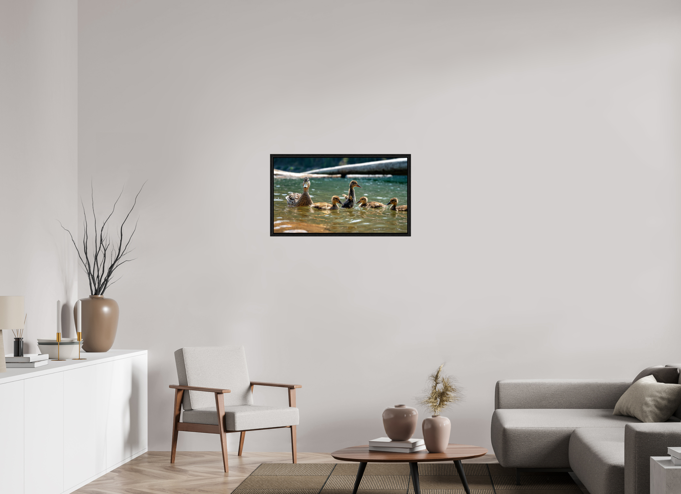 32 x 18″, Floater Frame Ducklings These Days.