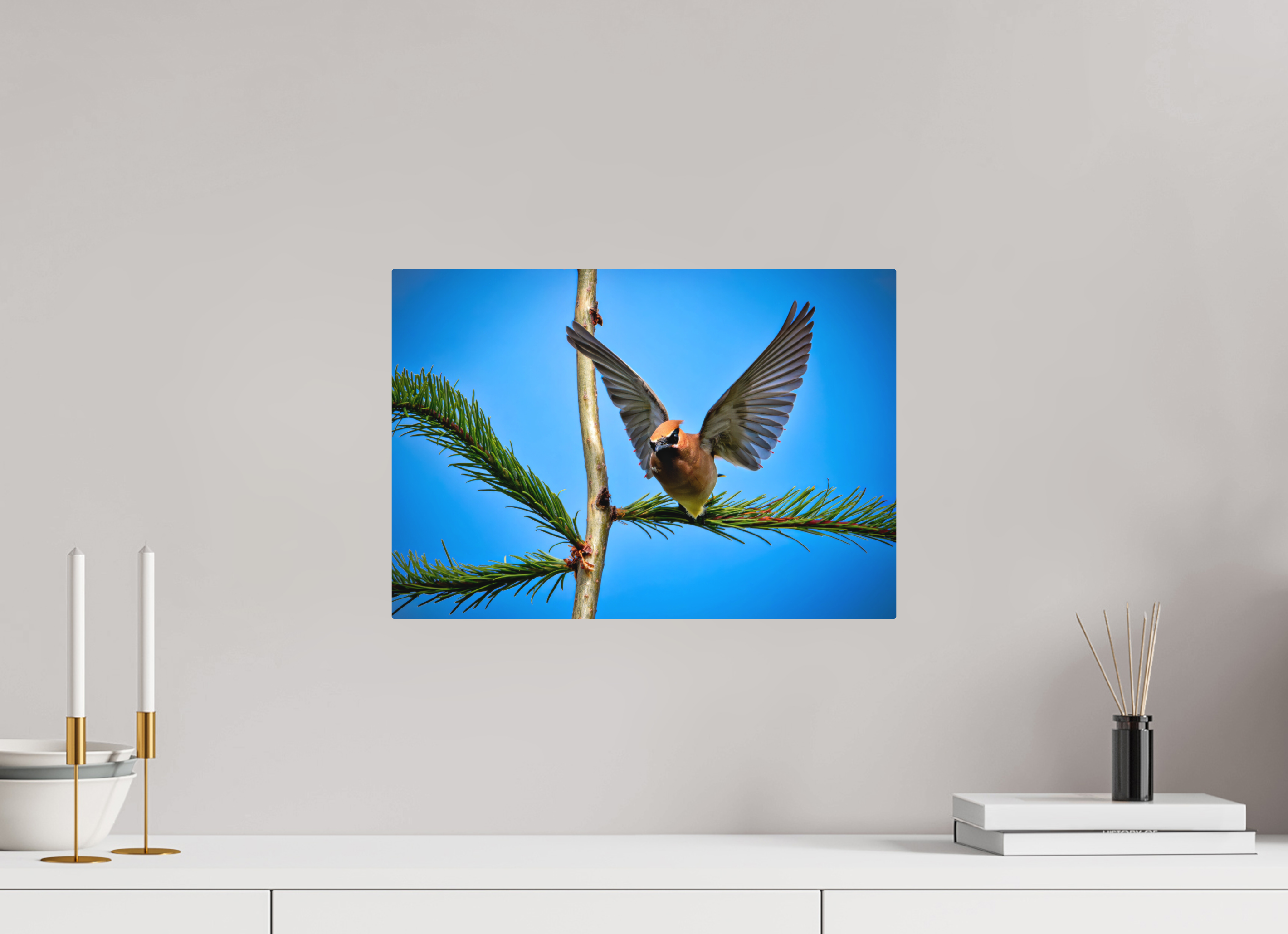 17.3 x 12″, Direct Print on Aluminum with mounting hardware included. Wing of the Waxwing