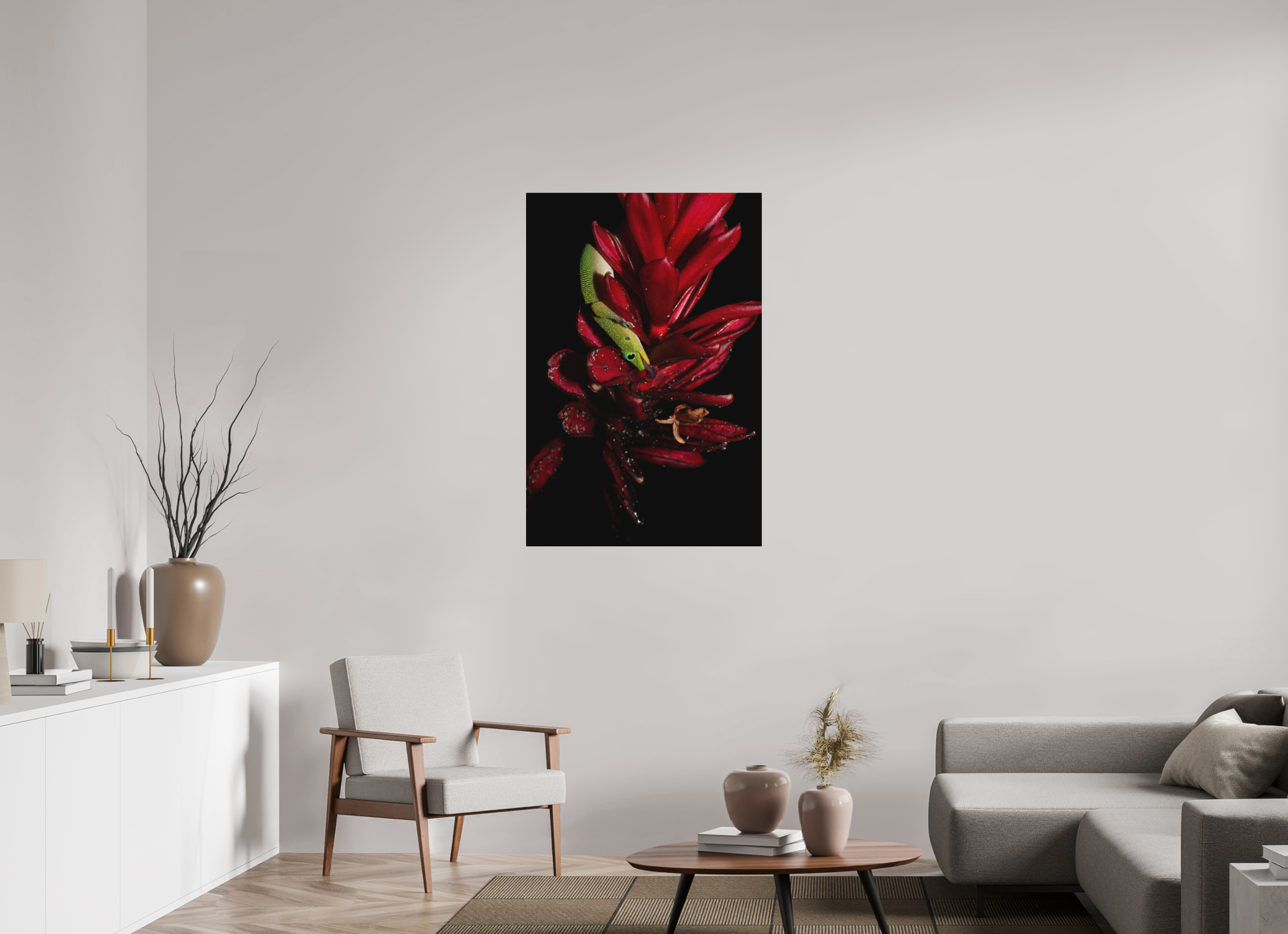 30 x 45″, Direct Print on Aluminum with mounting hardware included. Gecko on Flower