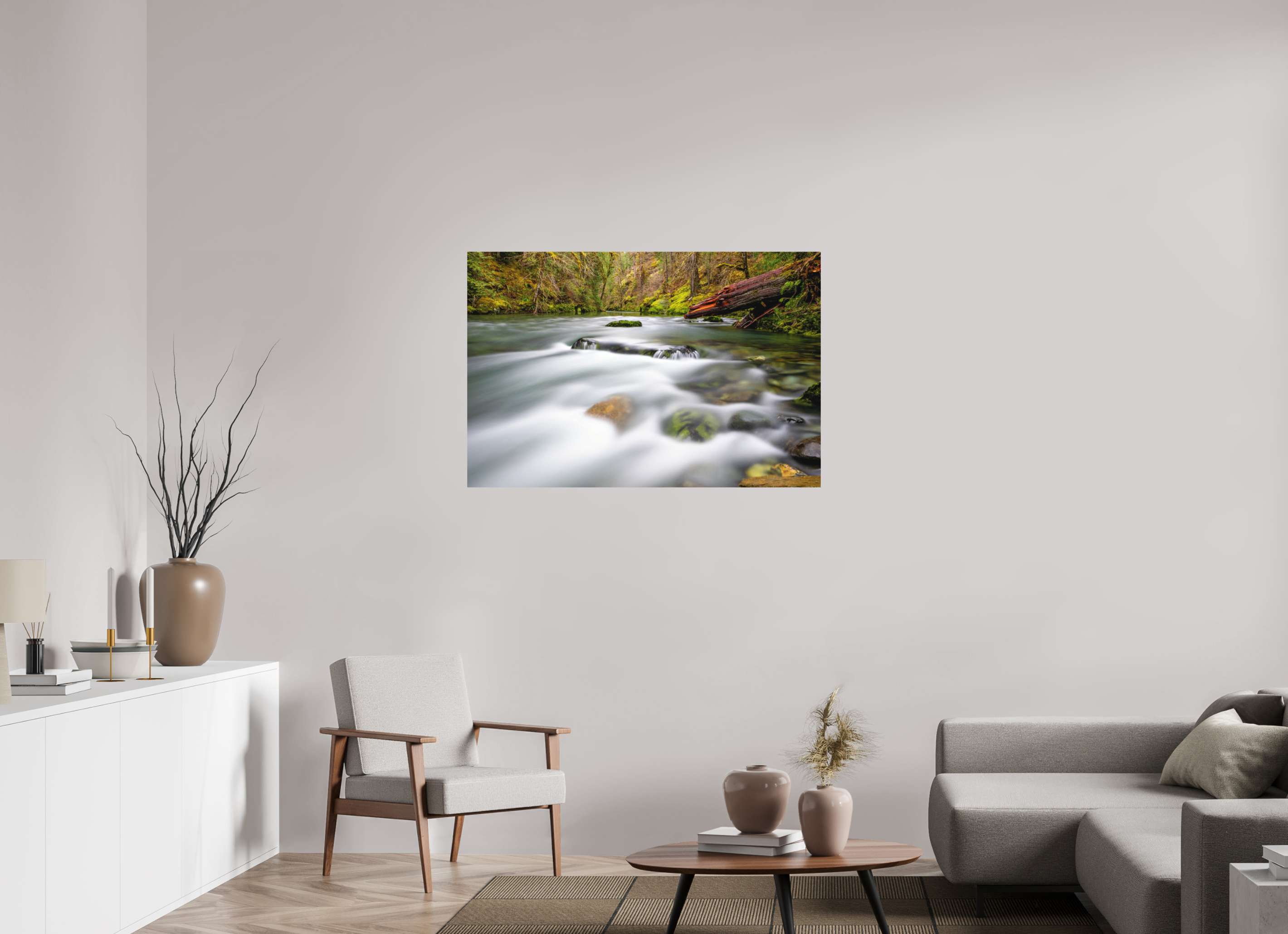 45 x 30″, Direct Print on Aluminum with mounting hardware included. River Rocks