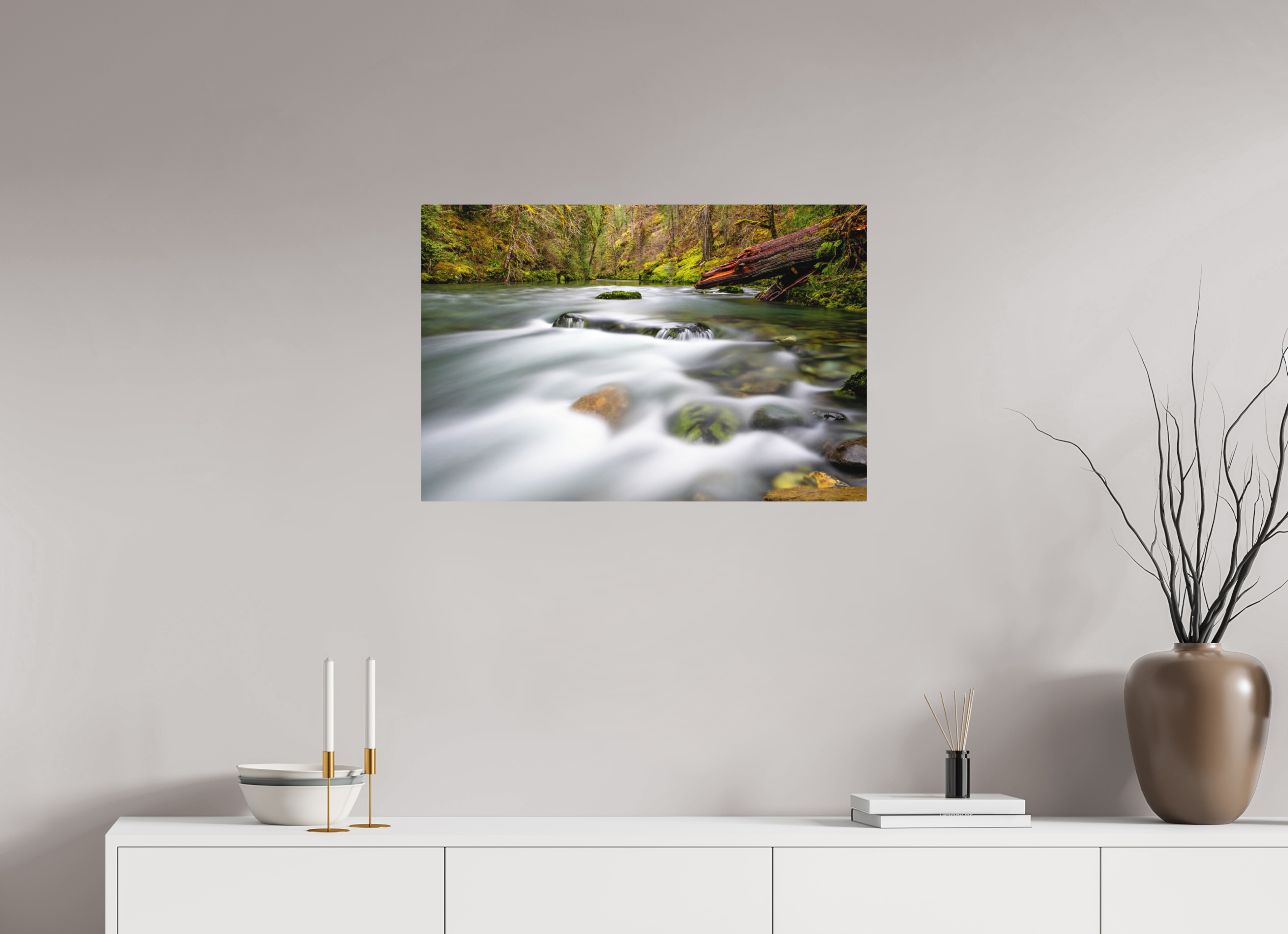 30 x 20″, Direct Print on Aluminum with mounting hardware included. River Rocks