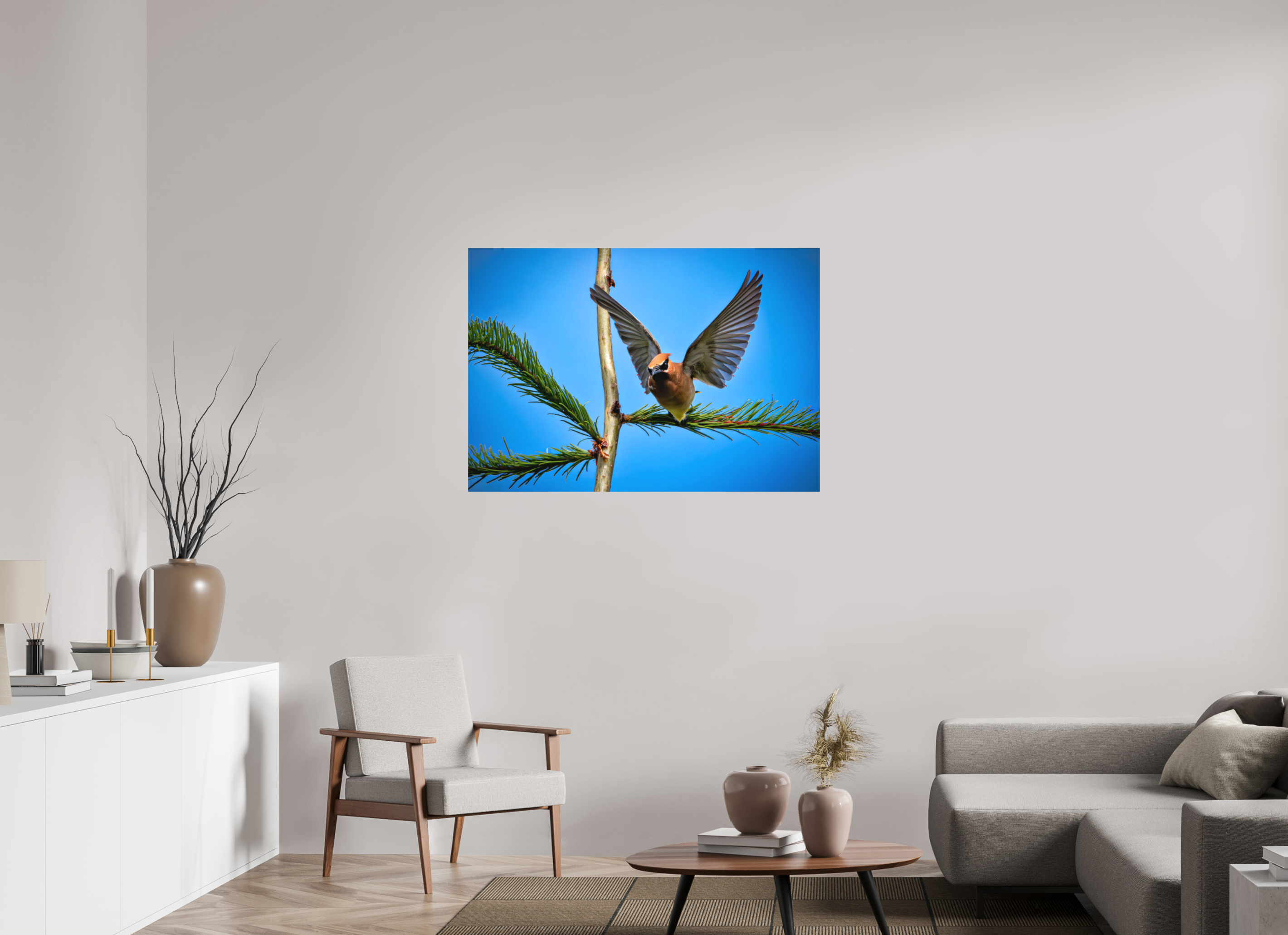 44.8 x 31″, Direct Print on Aluminum with mounting hardware included. Wing of the Waxwing