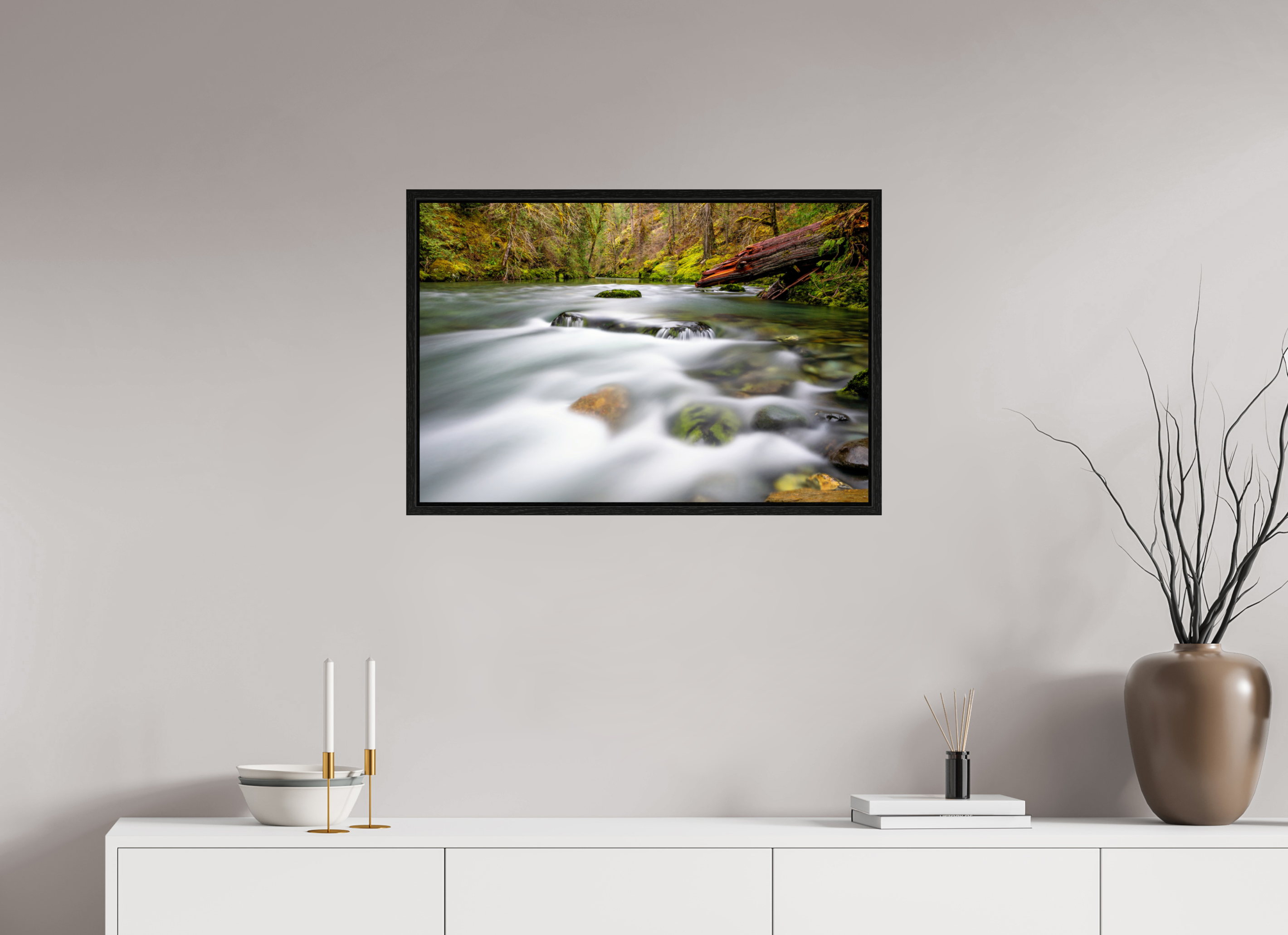 30 x 20″, Floater Frame River Rocks