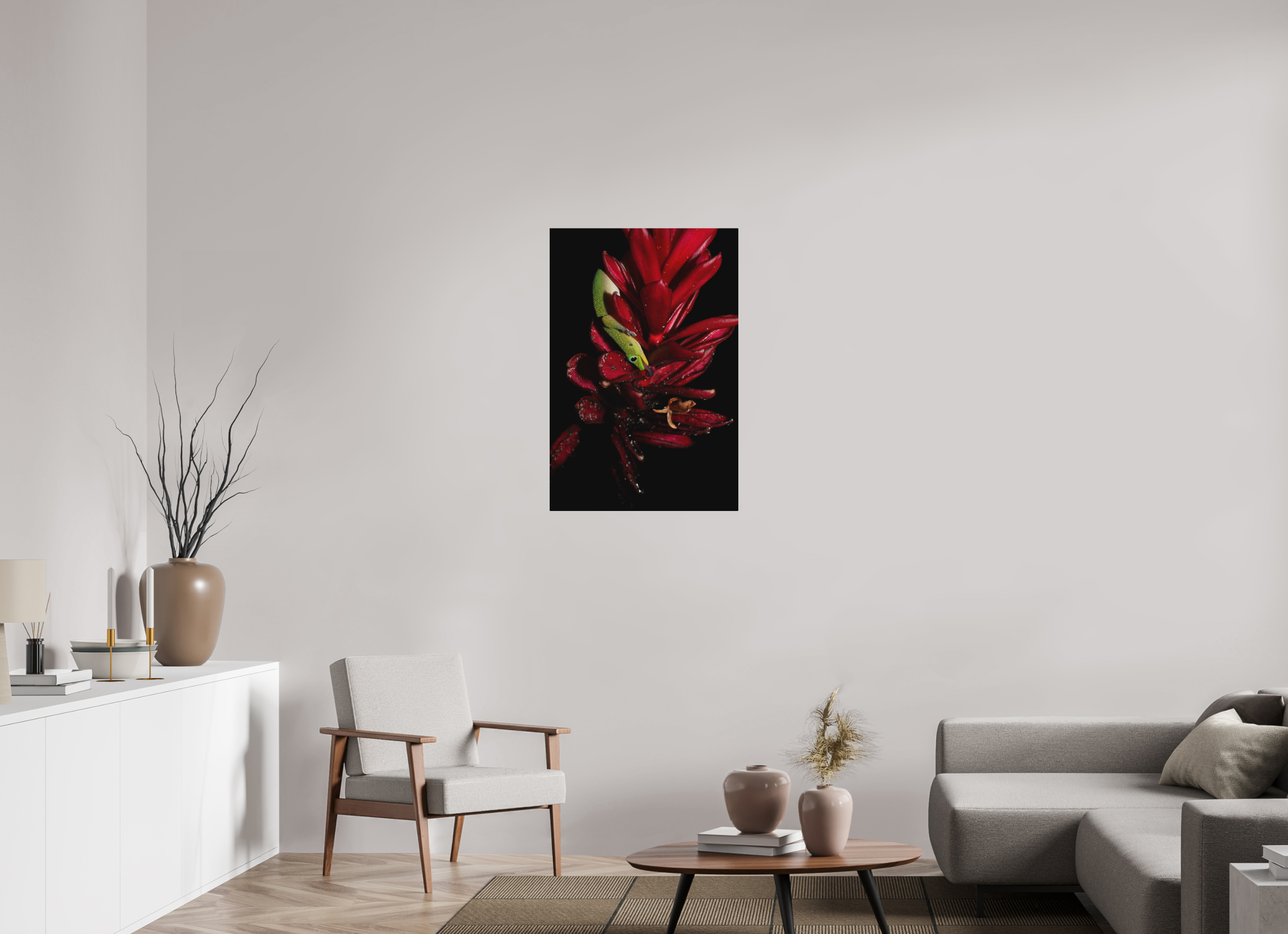 24 x 36″, Direct Print on Aluminum with mounting hardware included. Gecko on Flower