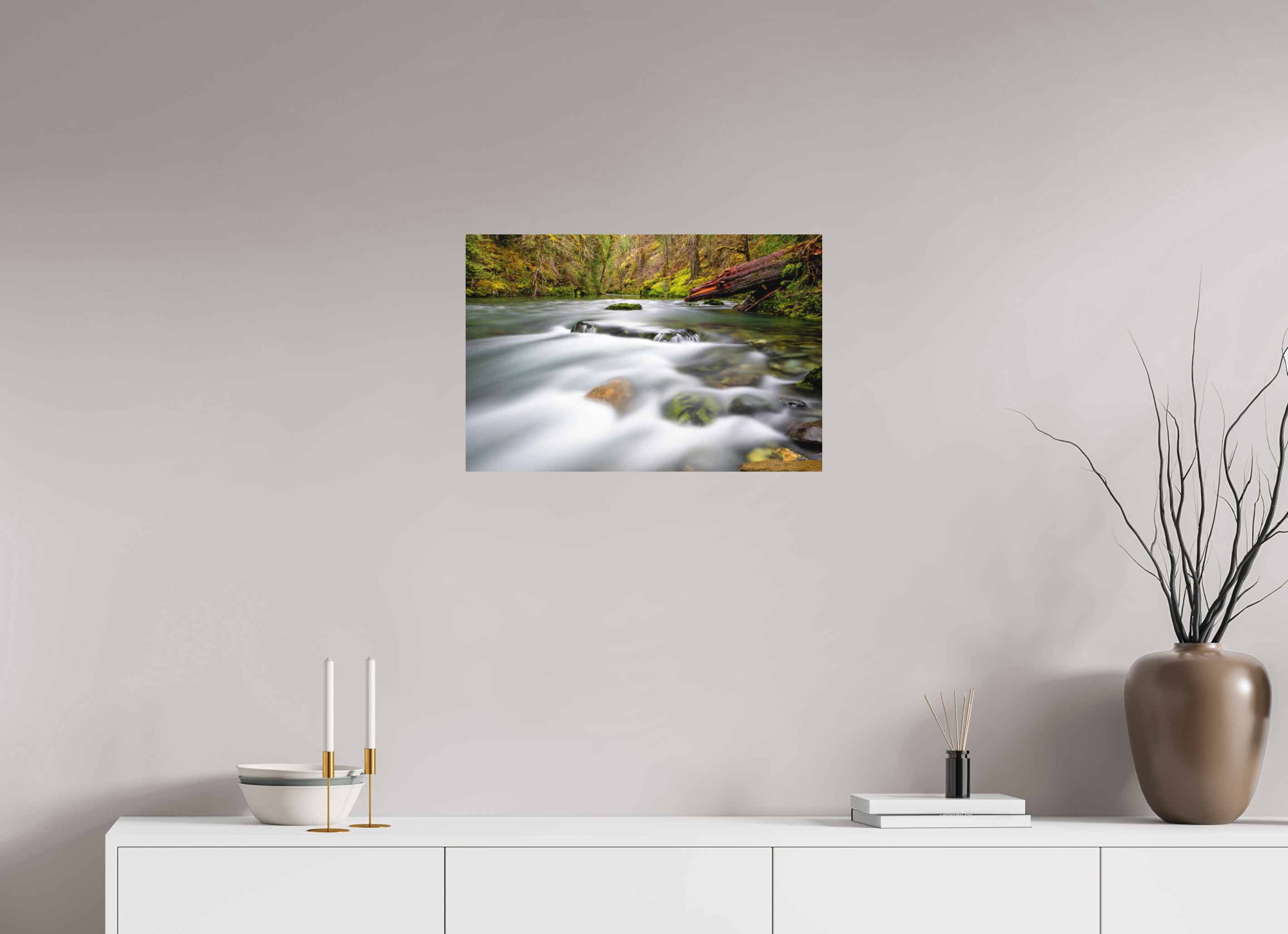 24 x 16″, Direct Print on Aluminum with mounting hardware included. River Rocks