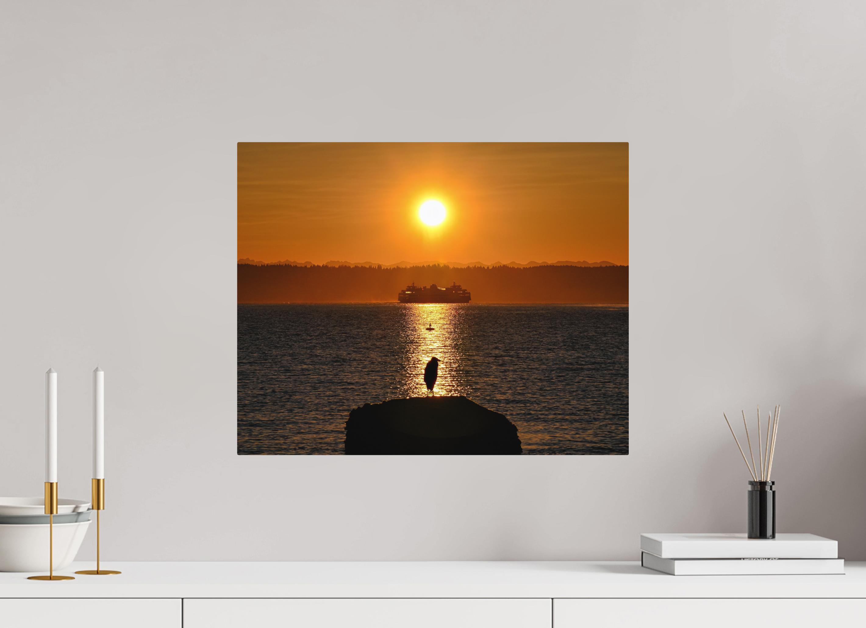 20 x 16″, Direct Print on Aluminum with mounting hardware included. Sunrise on Tide Rock