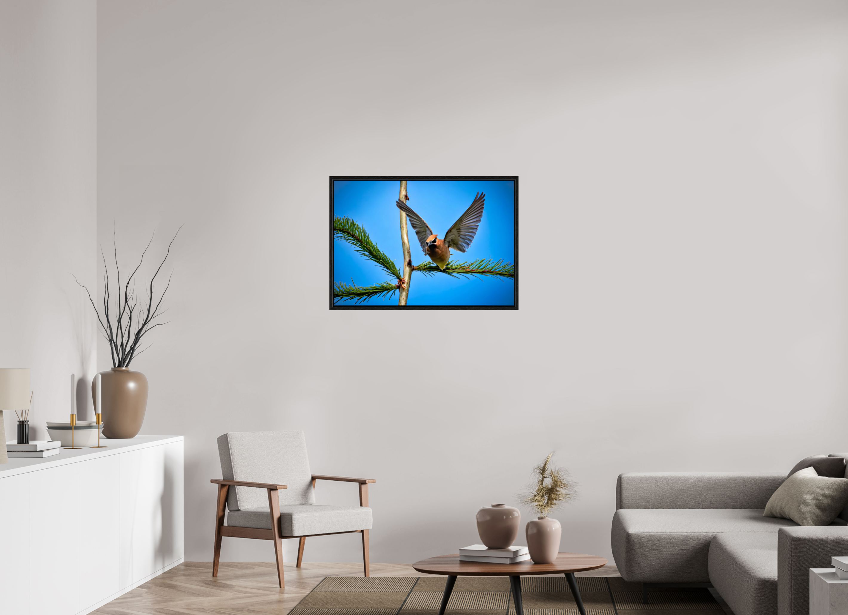 34.6 x 24″, Floater Frame Wing of the Waxwing